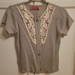 Pointelle Size Large Juniors Cardigan Gray Casual Lace Romantic BOHO Cap Sleeved